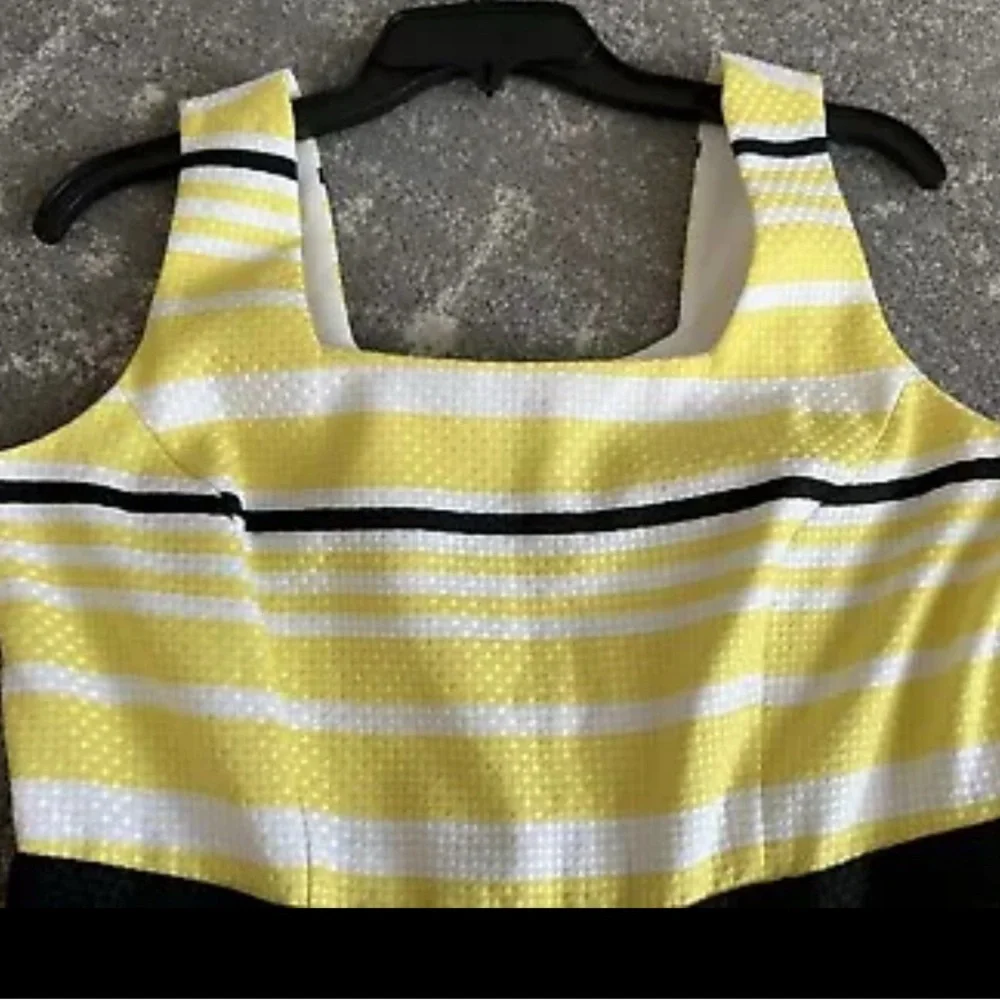 Danny & Nicole‎ Dress 12 Yellow Stripe Pleated Sleeveless Square Neck Fit Flare